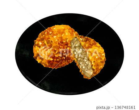 お皿に盛り付けたメンチカツ 料理・食べ物の手描き水彩イラスト素材 お皿に盛り付けたメンチカツ 料理・食べ物の手描き水彩イラスト素材 136748161