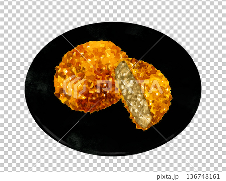 Minced meat cutlet served on a plate. Hand-drawn watercolor illustration of food and cuisine. 136748161