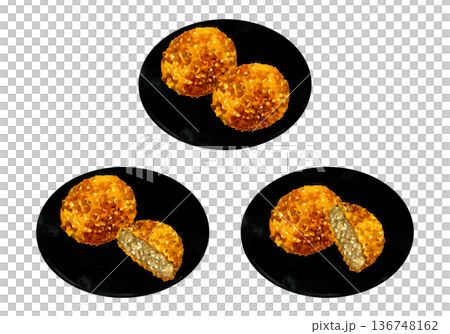 お皿に盛り付けたメンチカツのセット　料理・食べ物の手描き水彩イラスト素材 136748162