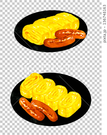 Omelette and fried sausages served on a plate. Hand-drawn watercolor illustration of food. Omelette and fried sausages served on a plate. Hand-drawn watercolor illustration of food. 136748163