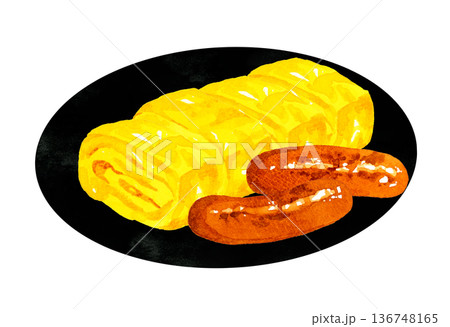 お皿に盛り付けた卵焼きと焼きウインナー　料理の手描き水彩イラスト素材 136748165