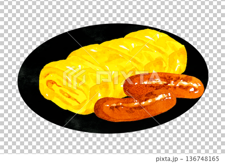 盤子裡盛著蛋捲和炸香腸。手繪水彩食物插圖。 136748165