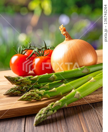 春野菜の収穫イメージ 木製テーブルとガーデン背景の静物写真 136748264