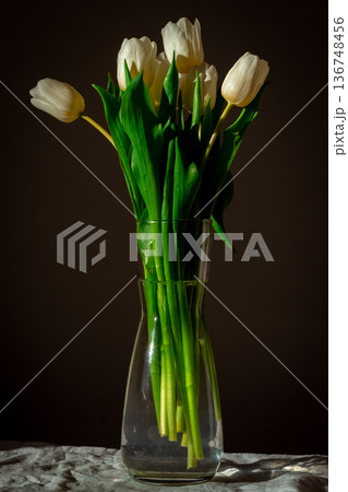 Vase with white tulips on a white table and dark background Vase with white tulips on a white table and dark background 136748456