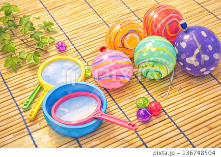 縁日のヨーヨー釣りと金魚すくい道具(AI生成画像) 136748504