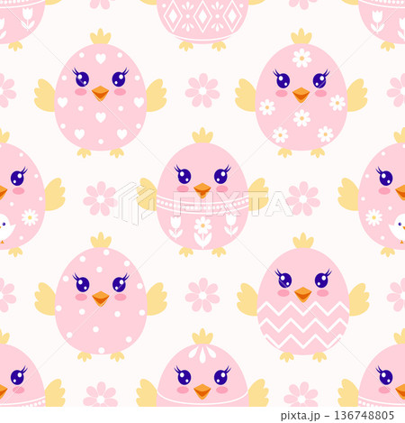 Seamless pattern with pink Easter chicks and flowers on light background. Kawaii spring design for kids and nursery textiles. Seamless pattern with pink Easter chicks and flowers on light background. Kawaii spring design for kids and nursery textiles. 136748805