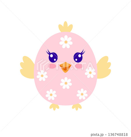 Pink Easter chick character decorated with white daisies and big blue eyes. Pink Easter chick character decorated with white daisies and big blue eyes. 136748818