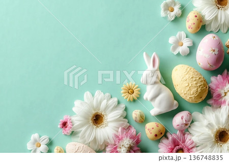 Springtime splendor Easter's bloom. Top view shot of delightful collection of Easter eggs, white and pink blooms, playful bunny figurines on turquoise background with space for festive announcements Springtime splendor Easter's bloom. Top view shot of delightful collection of Easter eggs, white and pink blooms, playful bunny figurines on turquoise background with space for festive announcements 136748835