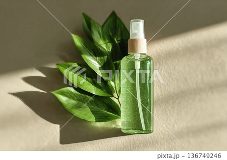 Transparent Cosmetic spray bottle and green leaf, natural light and shadow, dispenser with green liquid on beige. Natural Vegan skin care products, Eco-friendly Organic cosmetics concept, copyspace 136749246