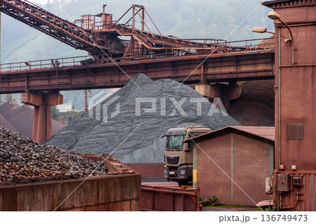 Sand quarry factory banner, Industrial plant with belt conveyor Sand quarry factory banner, Industrial plant with belt conveyor 136749473