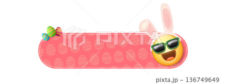 Happy Easter horizontal banner with cool emoji in bunny ears and colorful eggs on pink background. Fun Easter frame with laughing emoji with sunglasses and rabbit ears alongside decorated eggs. 136749649