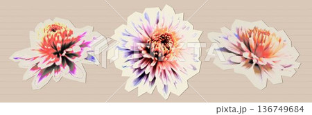 Set of blooming flowers with colorful CMYK halftone dot texture. Vector floral elements with retro pop art print effect and grainy zine collage aesthetic. Creative botanical silhouettes on paper. Set of blooming flowers with colorful CMYK halftone dot texture. Vector floral elements with retro pop art print effect and grainy zine collage aesthetic. Creative botanical silhouettes on paper. 136749684