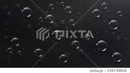 Realistic water drops vector background created with mesh gradients on black surface. Glossy transparent liquid bubbles with soft light reflections for cosmetic, skincare, luxury and abstract design. Realistic water drops vector background created with mesh gradients on black surface. Glossy transparent liquid bubbles with soft light reflections for cosmetic, skincare, luxury and abstract design. 136749688