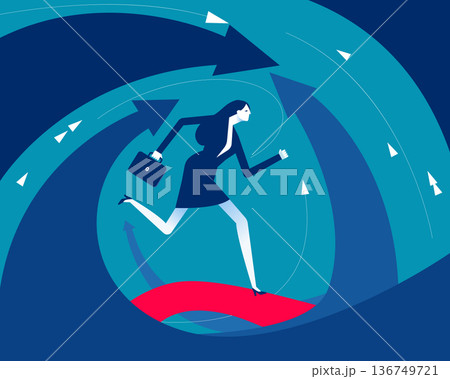 Business leadership. Businesswoman running with arrows Business leadership. Businesswoman running with arrows 136749721
