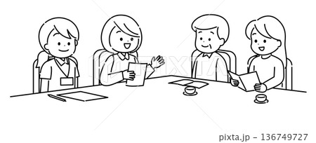 介護保険サービスについて相談している家族　線画 136749727