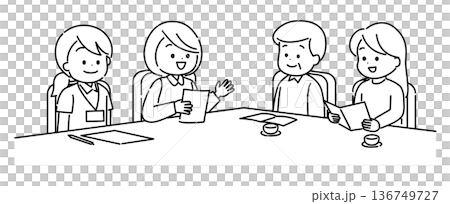 介護保険サービスについて相談している家族　線画 136749727