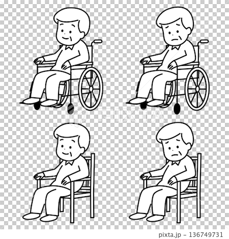 車椅子や椅子に座るシニア男性　線画 136749731