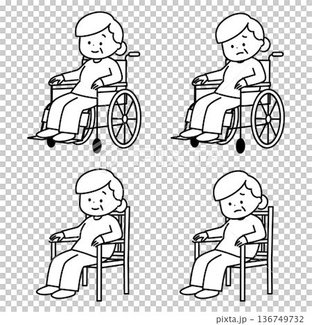 車椅子や椅子に座るシニア女性 線画 車椅子や椅子に座るシニア女性 線画 136749732