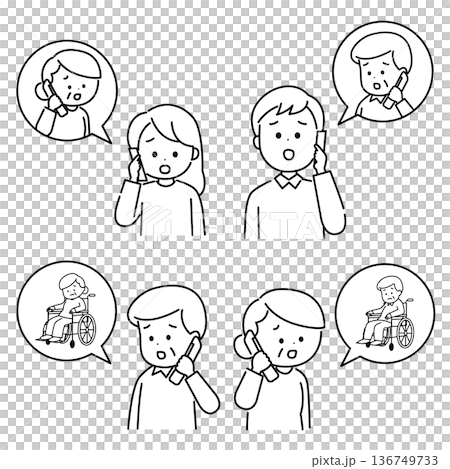 People talking on the phone with worried expressions Line drawing 136749733