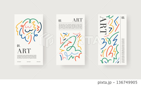 Art poster design set with abstract line doodle patterns colorful. Modern minimalist template vector illustration collection for wall art, prints and creative design projects. 136749905
