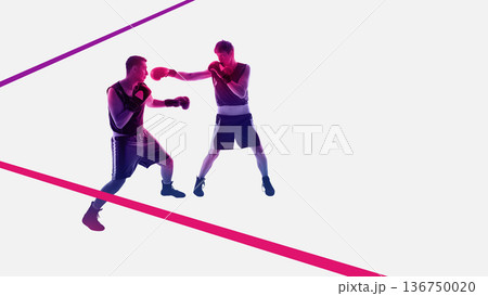Dynamic design boxing fighters sparring in duotone style. Dynamic design boxing fighters sparring in duotone style. 136750020