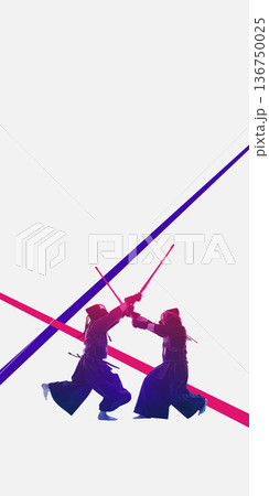 Dynamic artwork kendo fighters clashing swords in duotone style. 136750025