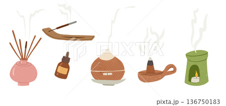 Aromatherapy diffuser incense burner sticks oil bottle and aroma lamp in childlike hand-drawn style 136750183