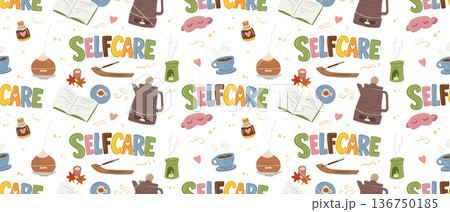 Self Care Typography Seamless Pattern in Childlike Hand-Drawn Style 136750185