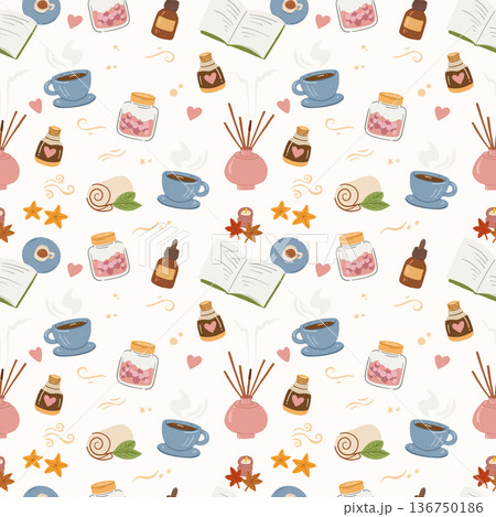 Self Care Wellness Seamless Pattern in Hand-Drawn Childlike Style 136750186
