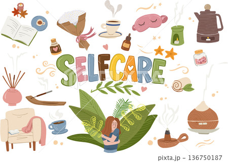 Wellness and Aromatherapy Self Care Elements in Hand-Drawn Childlike Style 136750187