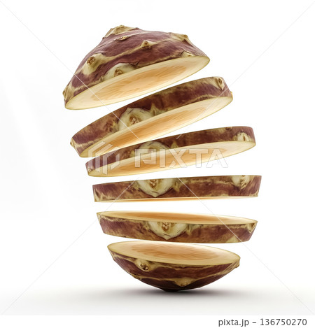 Sliced taro root floating in mid-air against a clean white background during a creative food photography session Sliced taro root floating in mid-air against a clean white background during a creative food photography session 136750270