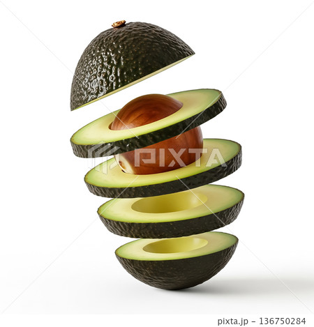 Sliced avocado showcasing internal layers with pit suspended in mid-air 136750284