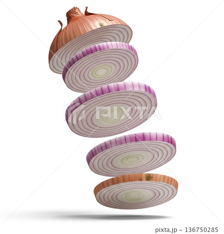 Sliced onion layers displayed in an artistic manner showcasing their texture and color contrast 136750285