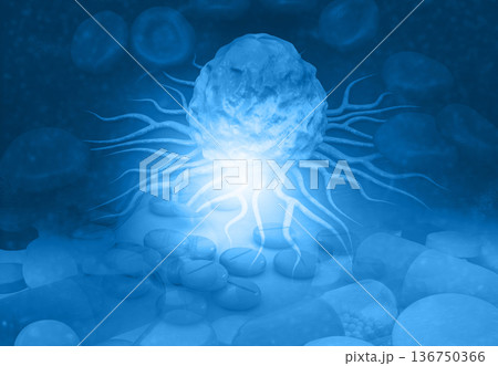 Cancer cells with pills and tablets 136750366