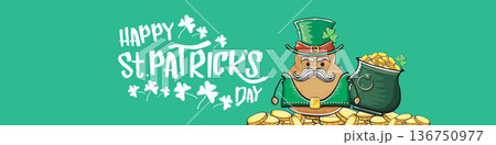 Funny St. Patricks Day wide banner with rock star potato character in leprechaun hat, Irish holiday greeting with groovy typography on green. Humorous Happy St. Patricks Day banner with potato mascot Funny St. Patricks Day wide banner with rock star potato character in leprechaun hat, Irish holiday greeting with groovy typography on green. Humorous Happy St. Patricks Day banner with potato mascot 136750977