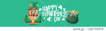 Funny St. Patricks Day wide banner with rock star potato character in leprechaun hat, Irish holiday greeting with groovy typography on green. Humorous Happy St. Patricks Day banner with potato mascot Funny St. Patricks Day wide banner with rock star potato character in leprechaun hat, Irish holiday greeting with groovy typography on green. Humorous Happy St. Patricks Day banner with potato mascot 136750978