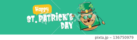 Funny St. Patricks Day wide banner with rock star potato character in leprechaun hat, Irish holiday greeting with groovy typography on green. Humorous Happy St. Patricks Day banner with potato mascot Funny St. Patricks Day wide banner with rock star potato character in leprechaun hat, Irish holiday greeting with groovy typography on green. Humorous Happy St. Patricks Day banner with potato mascot 136750979