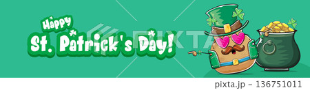 Funny St. Patricks Day wide banner with rock star potato character in leprechaun hat, Irish holiday greeting with groovy typography on green. Humorous Happy St. Patricks Day banner with potato mascot 136751011