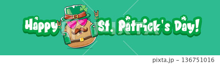 Funny St. Patricks Day wide banner with rock star potato character in leprechaun hat, Irish holiday greeting with groovy typography on green. Humorous Happy St. Patricks Day banner with potato mascot 136751016