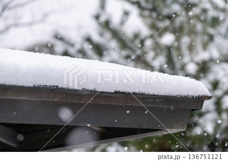 公園の東屋の屋根に降り積もる雪 136751121