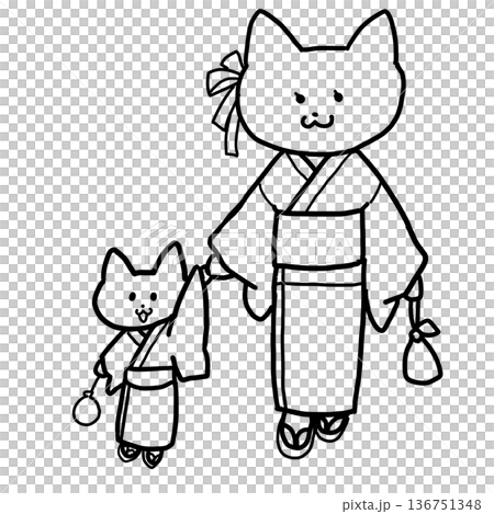Line drawing of a parent and child cat wearing a yukata holding hands Line drawing of a parent and child cat wearing a yukata holding hands 136751348