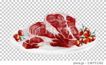 Fresh meat on a white plate watercolor watercolor illustration. Food clip art. Hand-drawn organic cow meat on a white plate on a white background. Perfect for cookbook design, restaurant menus, and Fresh meat on a white plate watercolor watercolor illustration. Food clip art. Hand-drawn organic cow meat on a white plate on a white background. Perfect for cookbook design, restaurant menus, and 136751382