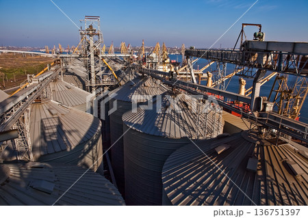 Industrial complex for grain processing with steel silos and conveyor systems. Industrial complex for grain processing with steel silos and conveyor systems. 136751397