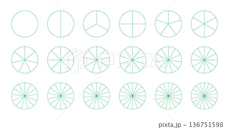 Diagram wheel parts from 1 to 18. Segmented flat charts. Pie chart templates. Many number of sectors divide the circle on equal parts. Green graphics. Set of pizza charts icons. Segments infographics. 136751598