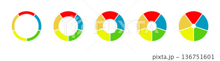 Pies, donut charts segmented on 5 equal parts. Wheels divided in five sections. Diagrams infographic multicolored. Pizza chart round flat layout icons. Circle section graph. Loading bar mockups set. Pies, donut charts segmented on 5 equal parts. Wheels divided in five sections. Diagrams infographic multicolored. Pizza chart round flat layout icons. Circle section graph. Loading bar mockups set. 136751601