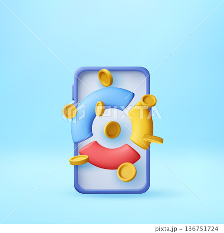 Mobile phone with abstract 3D shapes and coins 136751724