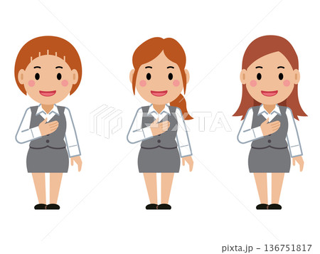 胸に手を当て笑顔。グレー事務服の若い女性。その2 136751817