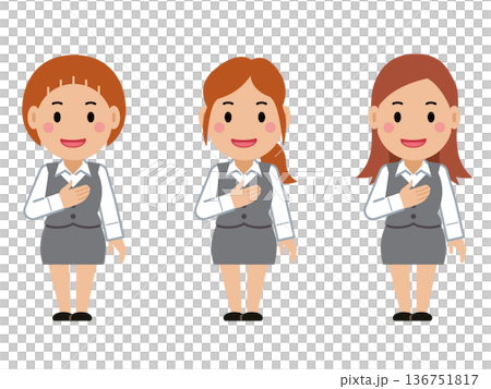 胸に手を当て笑顔。グレー事務服の若い女性。その2 136751817