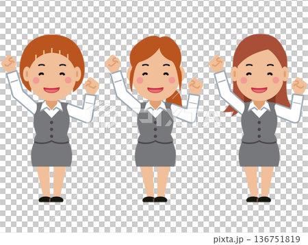 歡呼雀躍，手勢誇張。身穿灰色職業制服的年輕女子。第二部分 136751819