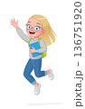 A cute little girl in eyeglasses is jumping excitedly and waving her hand. Cartoon vector illustration. 136751920